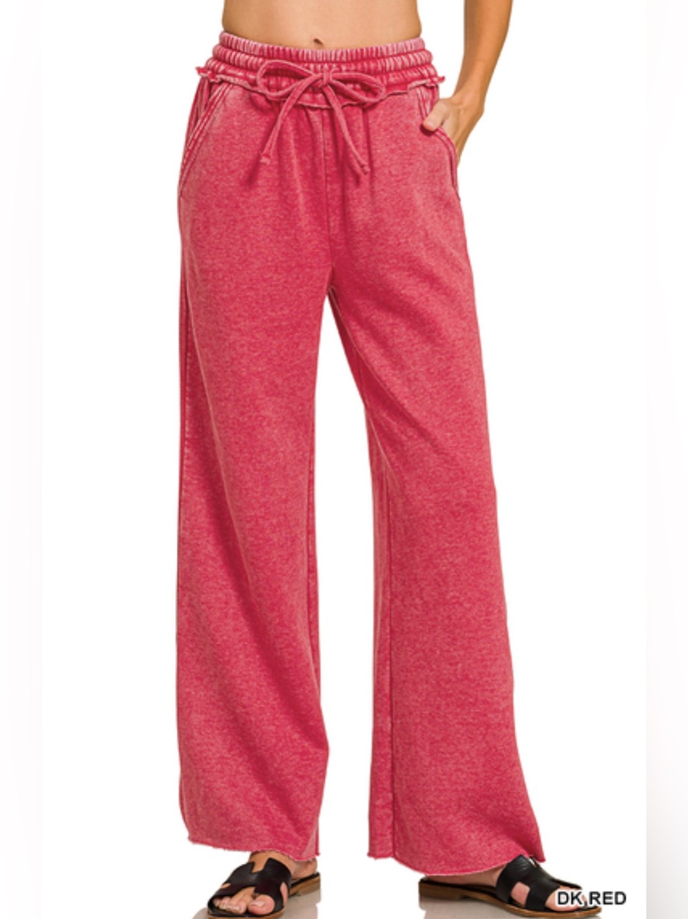 Zenana Dk Red Acid Wash Fleece Palazzo Sweatpants with Pockets